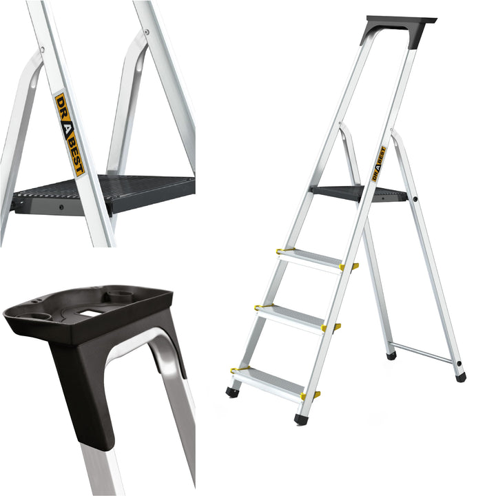 DRABEST Leiter PRO Serie Klapptrittleiter 4 Stufen Trittleiter Stehleiter Alu Haushaltsleiter Rutsch