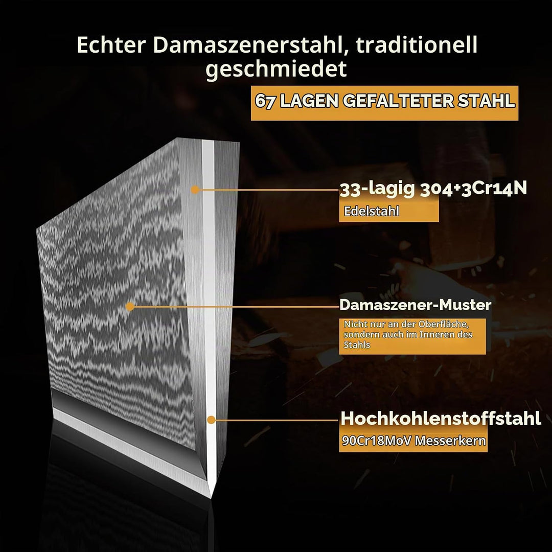 3er Damastmesser Set,Küchenmesser Set aus 67 Lagen Damaststahl mit Pakkaholzgriff,Profi Damast Messe
