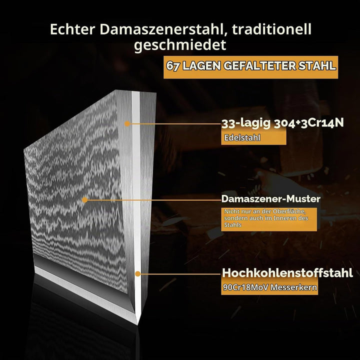 3er Damastmesser Set,Küchenmesser Set aus 67 Lagen Damaststahl mit Pakkaholzgriff,Profi Damast Messe