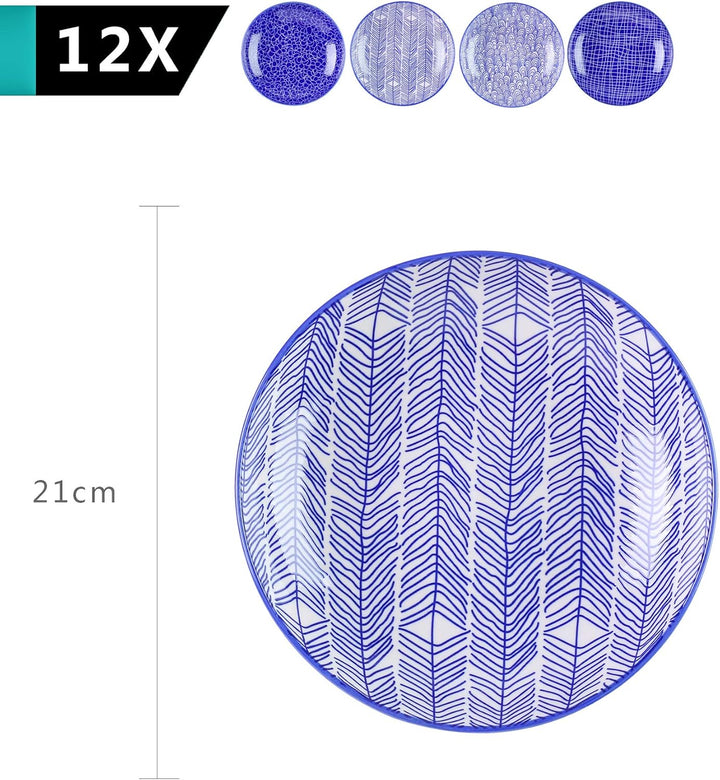 vancasso, Takaki 12 teilig Porzellan Suppenteller, Rund Tiefteller Set, Ø 21,5 cm, 700ML Blau 12-tei