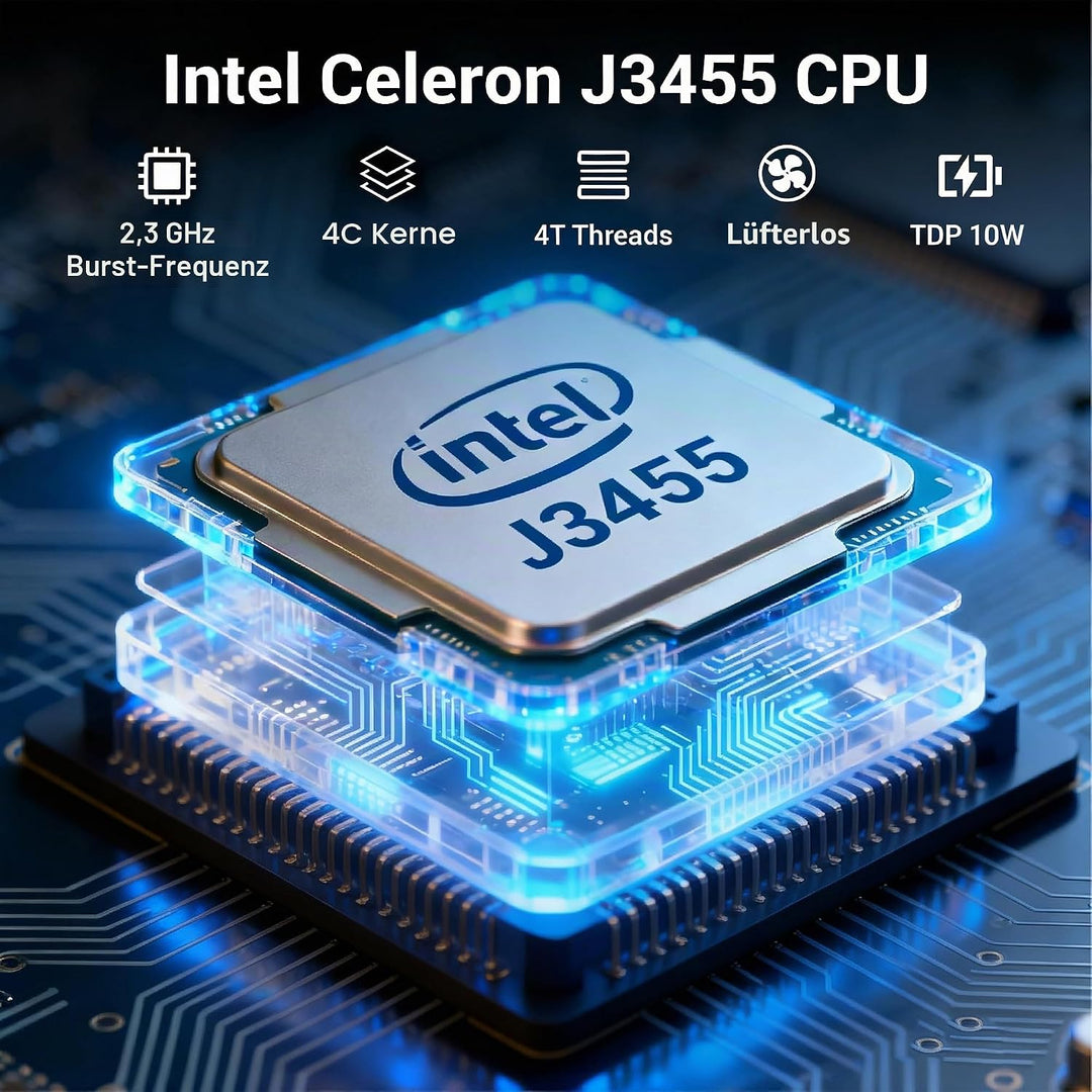 Fanless Mini PC Stick, Intel Celeron J3455 Quad-Core 1.5-2.3GHz, 4GB RAM 64GB eMMC, Dual Gigabit Eth