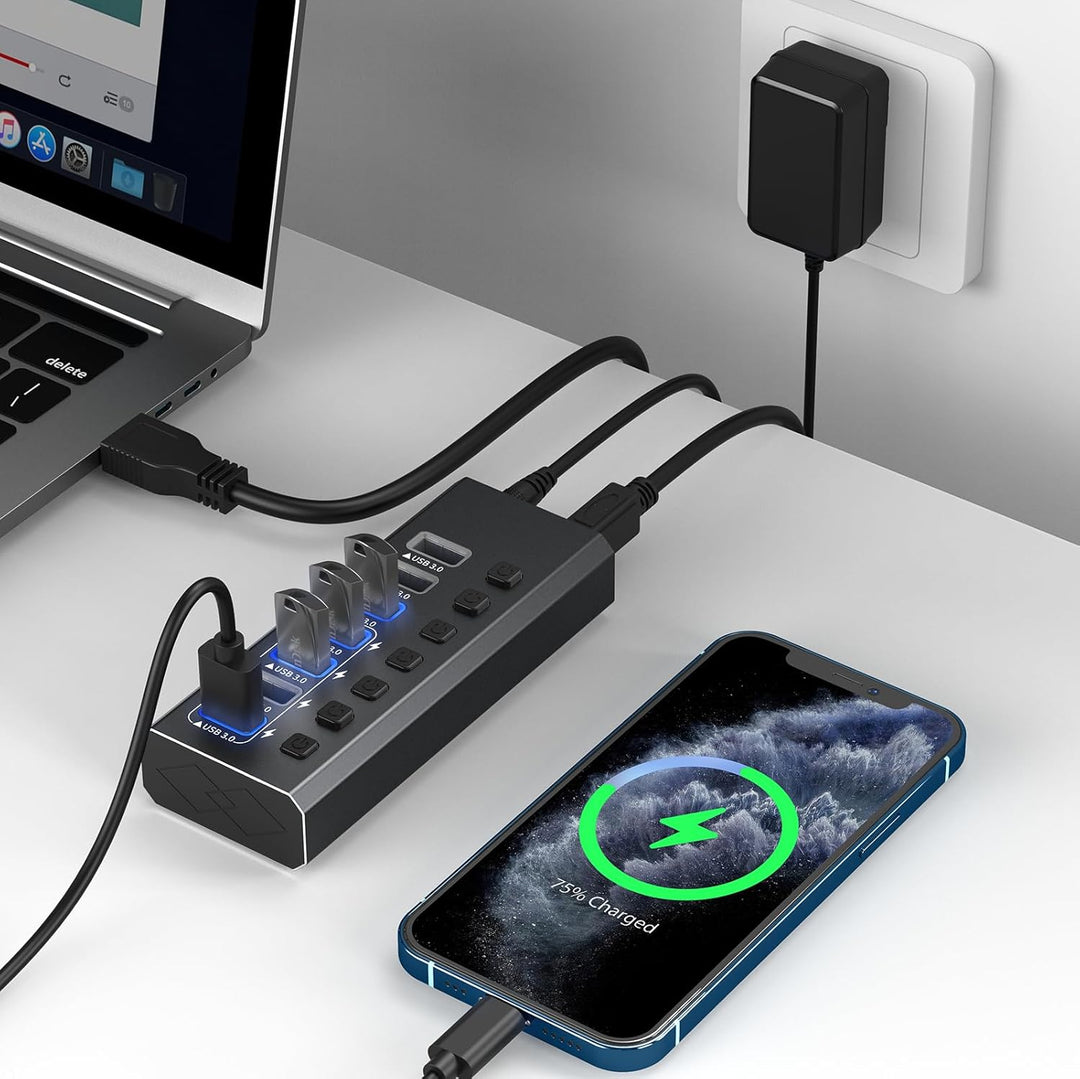 USB-3.0-Hub-betrieben, Aluminium, 7 USB-Ports, SuperSpeed-Daten-Hub mit 12 V/2 A Netzteil und indivi