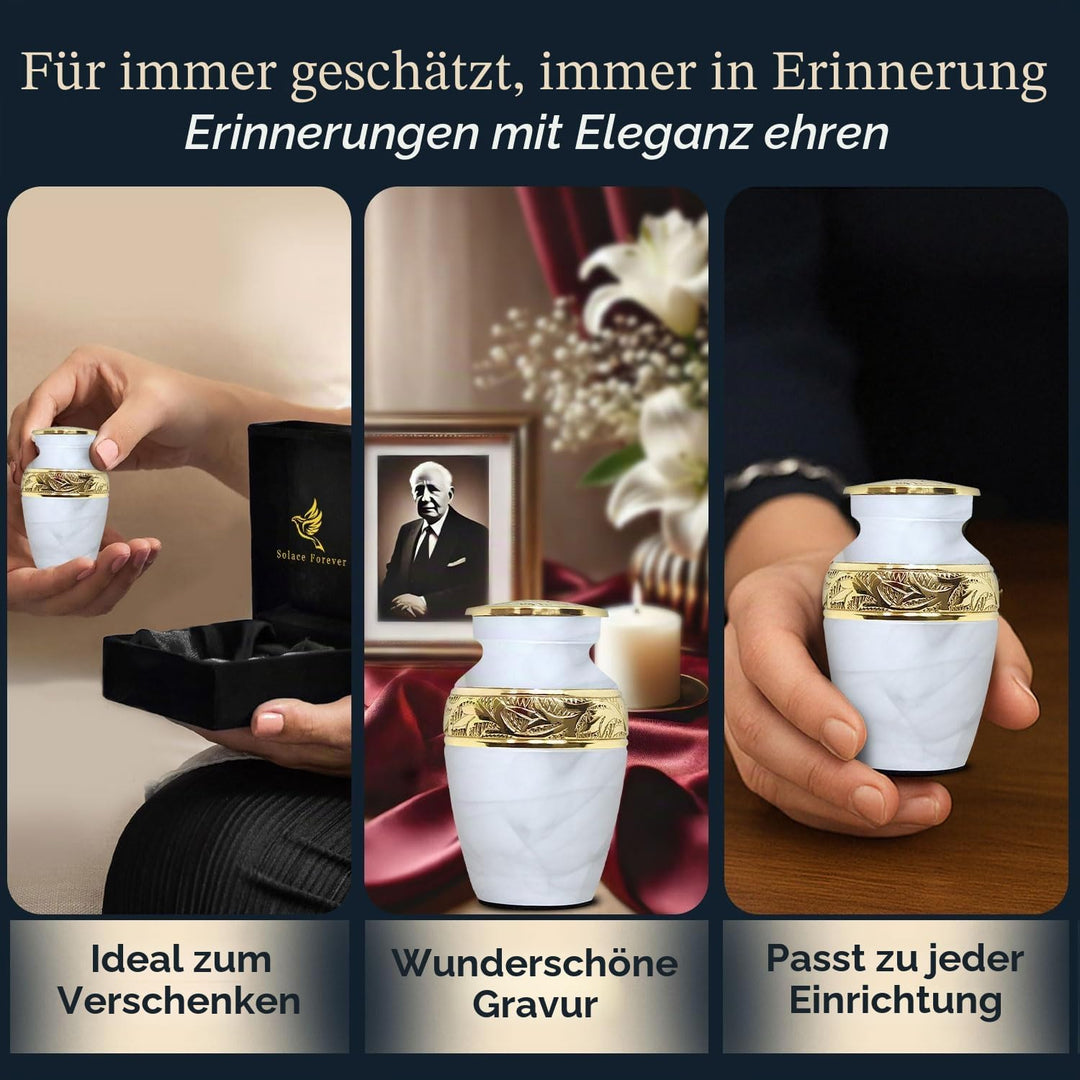 Weisse Andenken-Urne – Mini-Urne für Asche mit Box und Tasche im Lieferumfang – ehren Sie Ihre Liebs