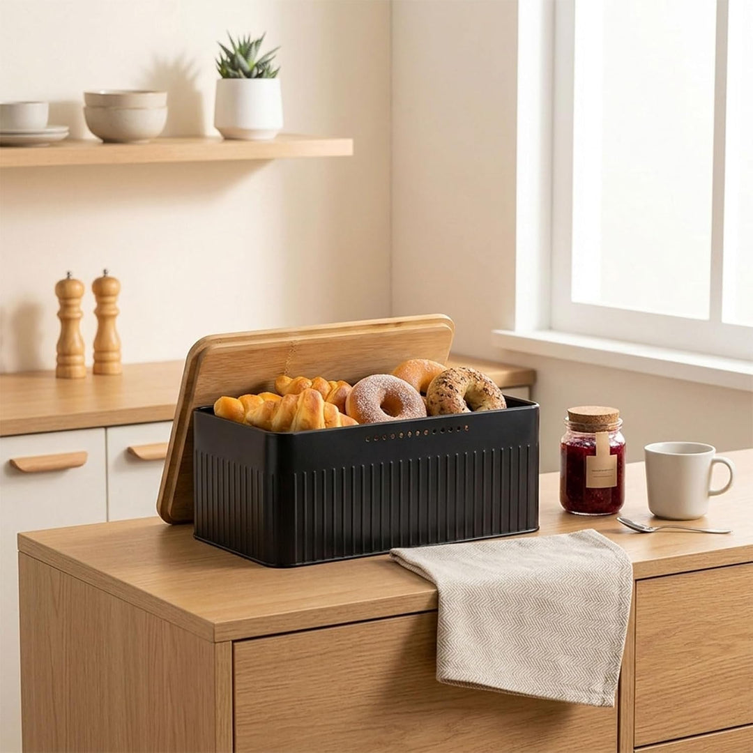 Brotkasten Metall, Brotbox mit Bambusdeckel, Brotaufbewahrung, Bread Box Gross, Brot Brötchen Toast,