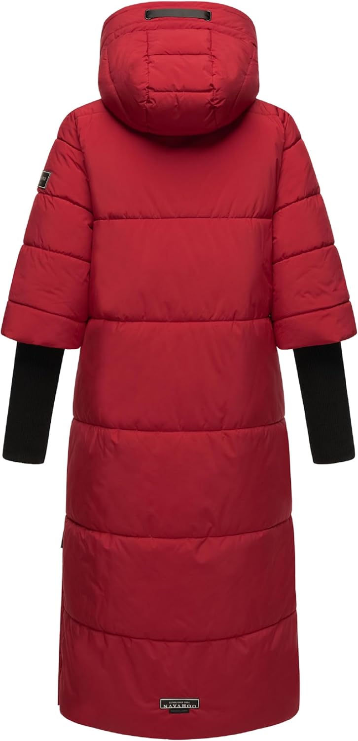 Navahoo Damen Wintermantel Warmer Steppmantel lang mit Kapuze und Rippstrickärmeln Ciao MIAU XIV XS-