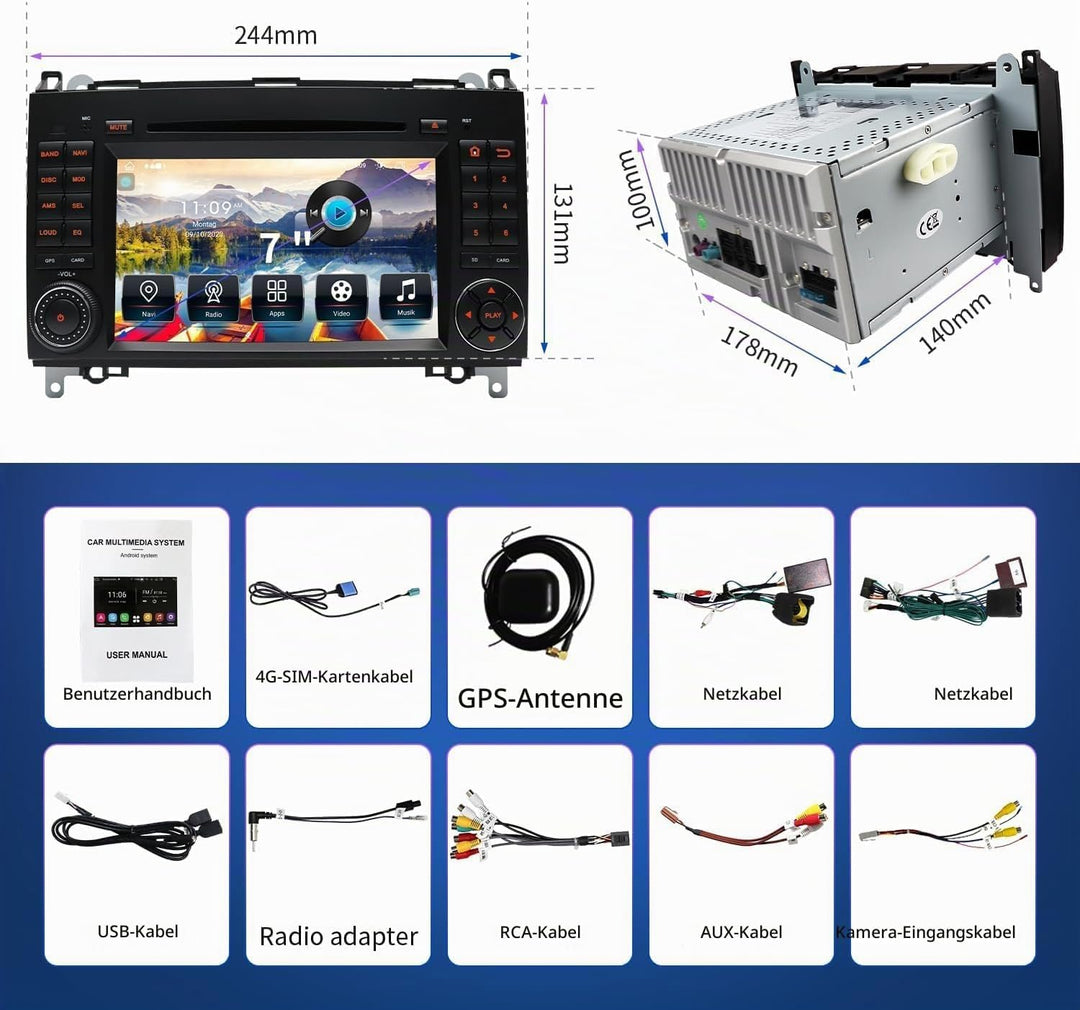 Autoradio für Mercedes Vito W639, Sprinter W906, A-Klasse W169, B-Klasse W245 – 2 DIN Radio mit CarP