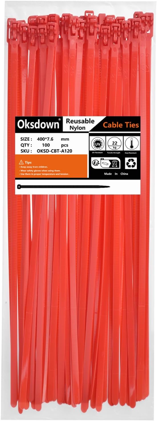 Kabelbinder wiederverschliessbar Rot 400 mm × 7,6 mm 100 Stück UV-Beständig Stark Gross Nylon Kunsts