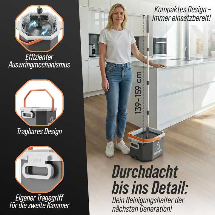Wischmopp Set mit Eimer, 2-Kammer Wischsystem mit Auswringfunktion, Frisch- & Schmutzwasser Trennung