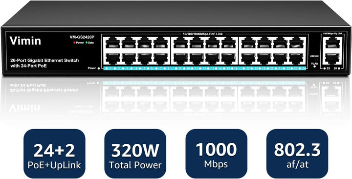 VIMIN 24-Port Gigabit PoE Switch mit 2 Uplink Gigabit Ports, 26-Port Unmanaged Ethernet PoE Switch m