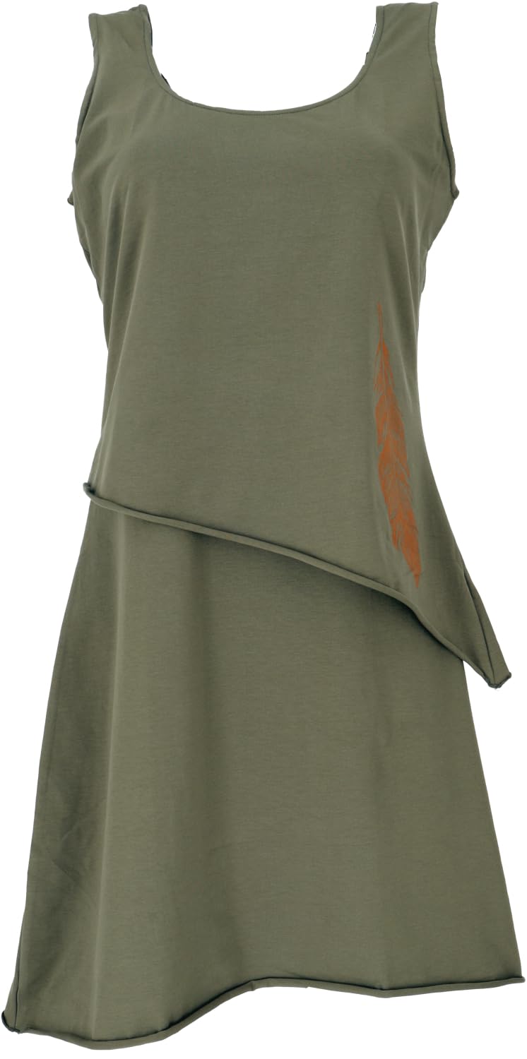 GURU SHOP Minikleid aus Bio-Baumwolle im Lagenlook, ärmelloses Kleid mit Federdruck, Damen 36 Olive,
