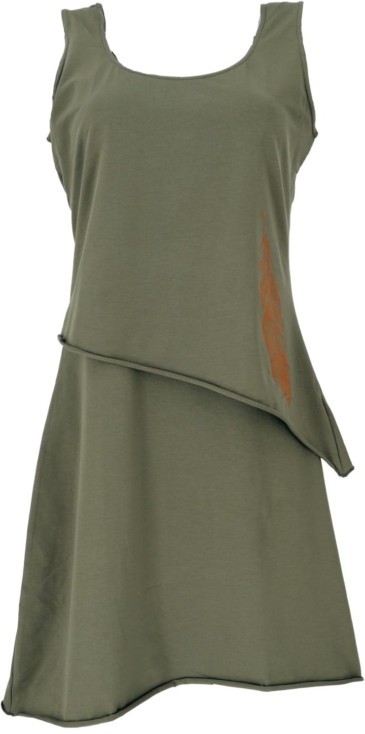 GURU SHOP Minikleid aus Bio-Baumwolle im Lagenlook, ärmelloses Kleid mit Federdruck, Damen 36 Olive,