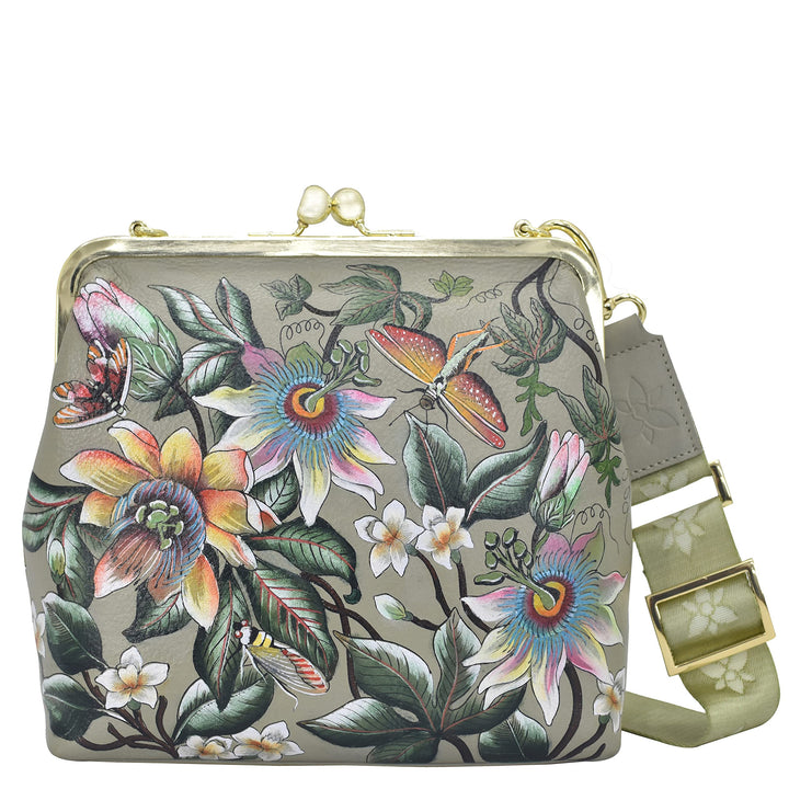 Anuschka Women's Frame Crossbody Tasche aus Echtleder, handbemalt, mittlere Grösse mit Rahmen Floral