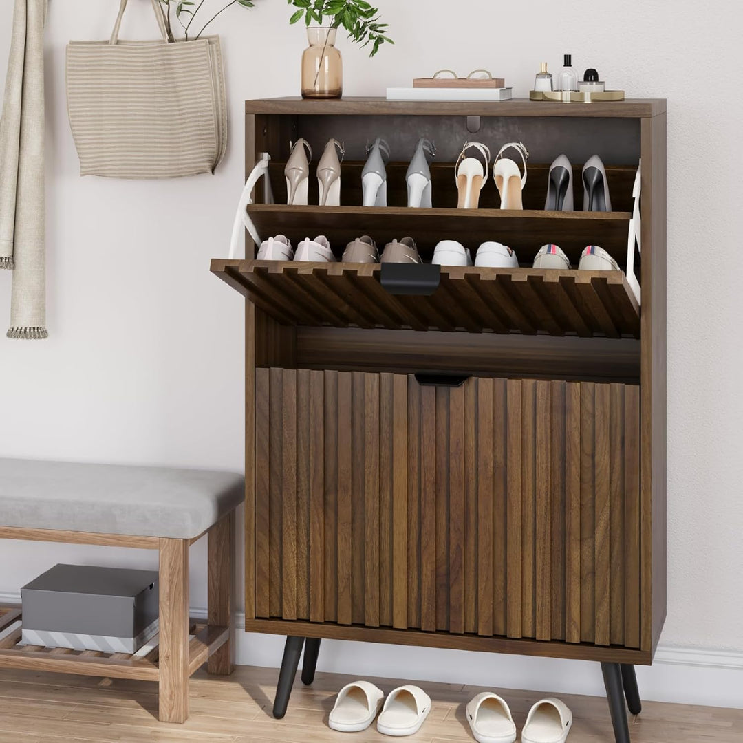Smuxee Schuhschrank mit 2 Klappschubladen, 23,6 Zoll (60 cm) Nussbaum Holz Schuhschrank mit geriffel