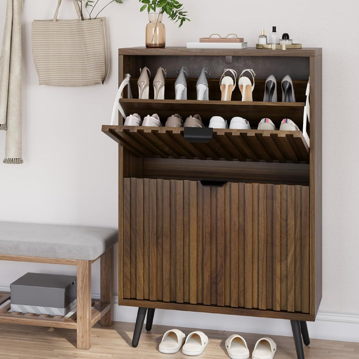 Smuxee Schuhschrank mit 2 Klappschubladen, 23,6 Zoll (60 cm) Nussbaum Holz Schuhschrank mit geriffel