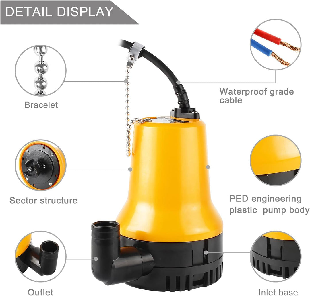 everfarel Tauchpumpe Wasserpumpe DC 12V 60W 3600L/H für Teich Boot mit 1.3m Kabel