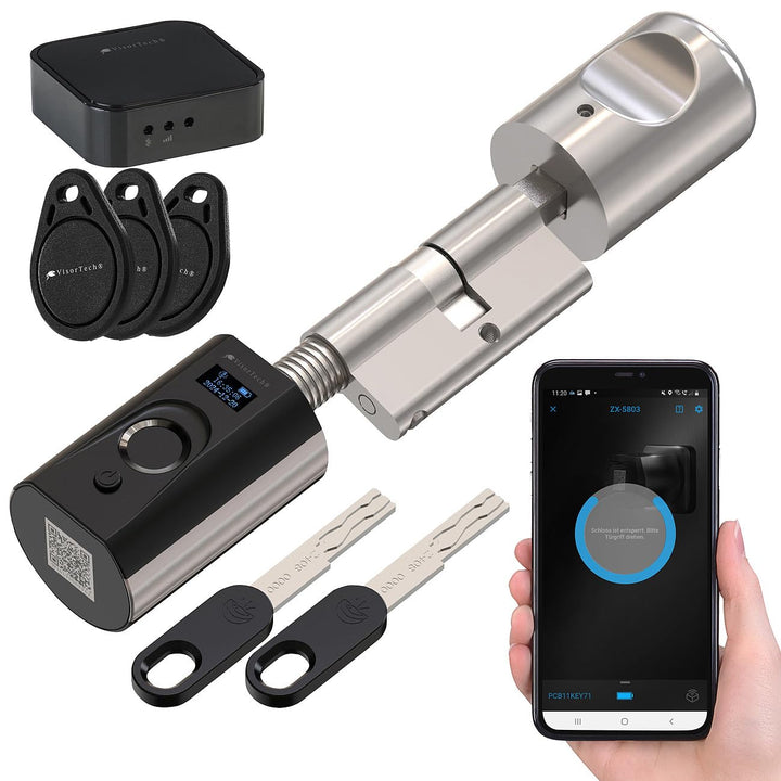 VisorTech Türschloss, Bluetooth: Elektronischer Tür-Schliesszylinder mit Fingerabdruck, Transponder
