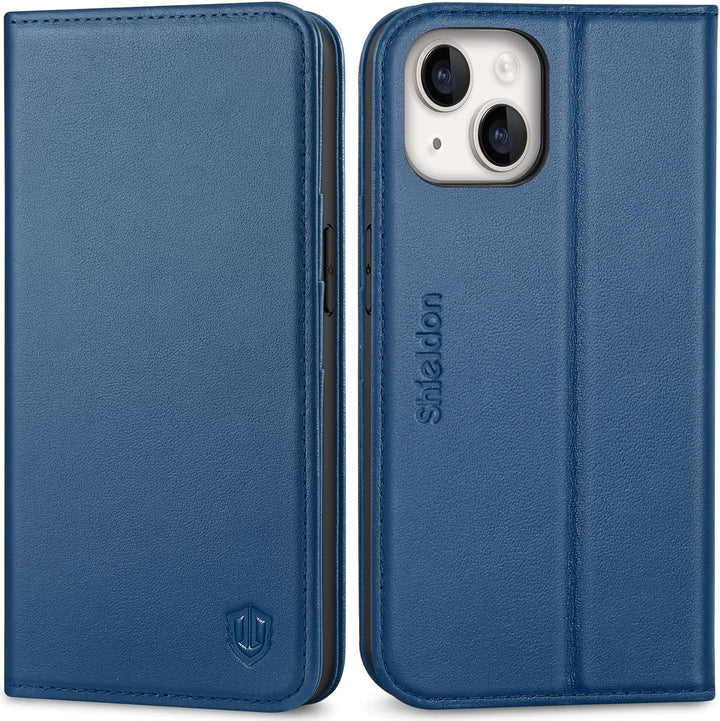 SHIELDON Hülle für iPhone 14 Schutzhülle [Rindsleder] [Stossfest ] [Standfunktion] [Kartenfach] TPU