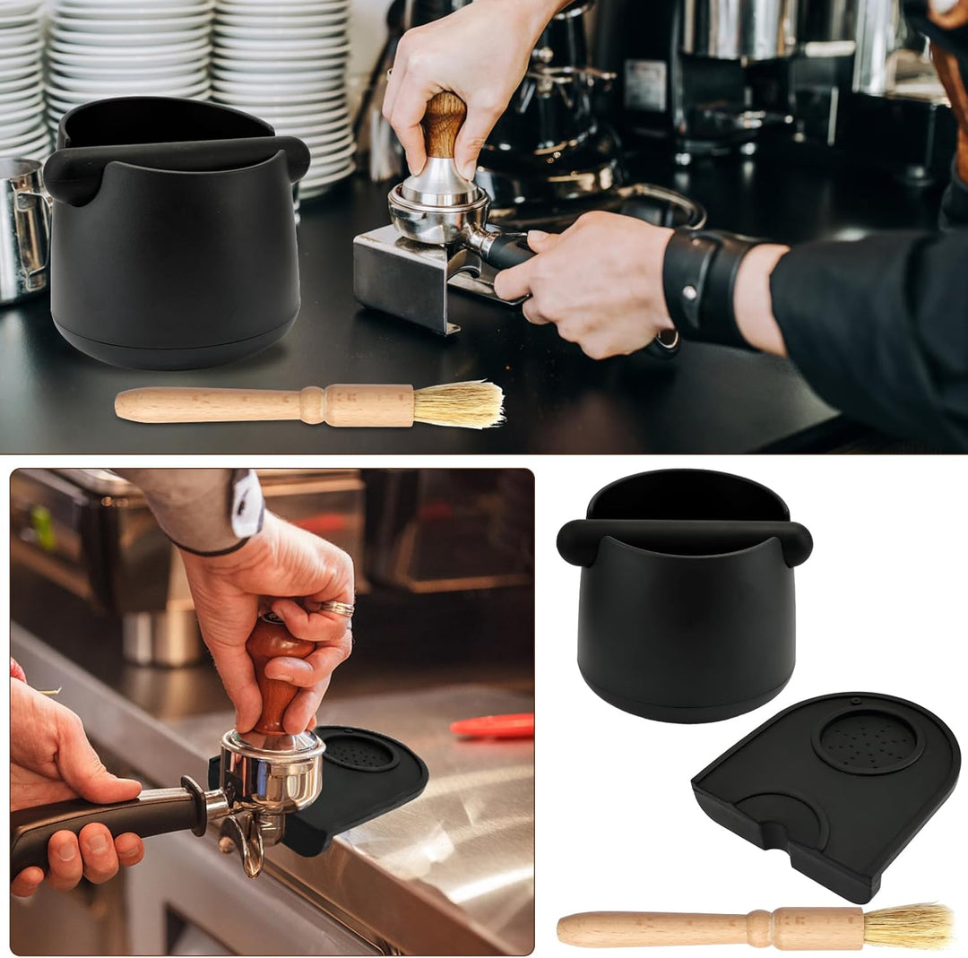 Abklopfbehälter für Siebträger und Kaffee Tamper Matte Silikon mit Reinigungsbürste Knock Box Espres
