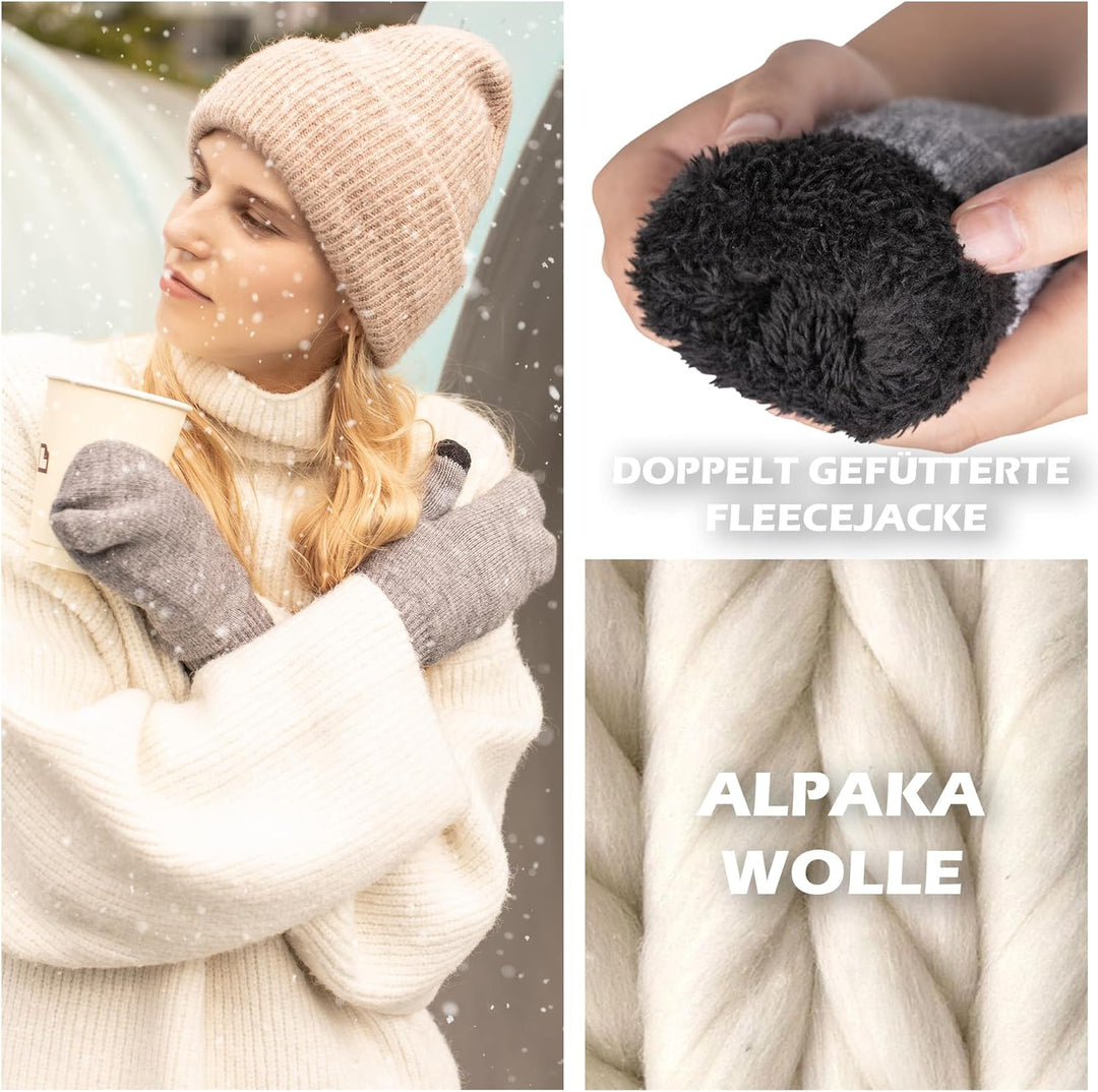 Alpaka Wolle Dicke Fäustlinge Damen Sehr Warme Doppellagige Winddichte Manschette Touchscreen Weiche