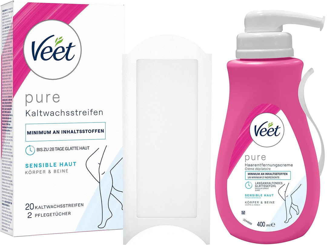 Veet Haarentfernungs-Set für sensible Haut - Bundle mit Enthaarungscreme & Kaltwachsstreifen für den
