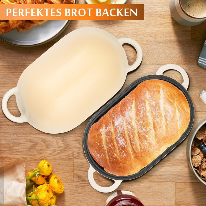 Gusseisen Brotbackform mit Deckel, 23 cm Emaille Gusseisen Topf Brot Backen, Bräter mit Deckel 2,75