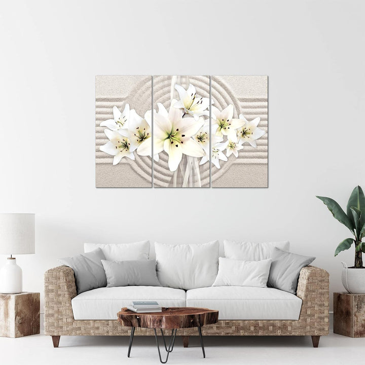Runa Art Wandbilder Blumen Lilien Bild XXL Wohnzimmer Schlafzimmer Weiss Beige Sand 120 x 80 cm 3 Te
