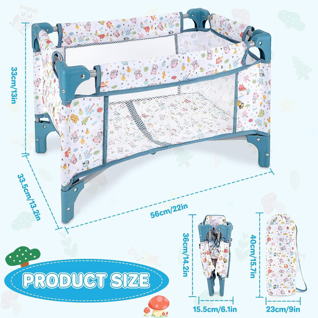 deAO Puppen-Reisebett Faltbar, Grosses Puppenbett für 30-53 cm Puppen - Blau