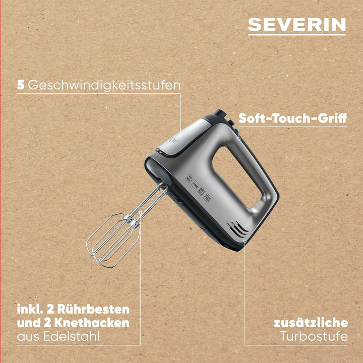 SEVERIN Handmixer mit Spiralkabel, ca. 400 W, HM 3832, Silber/Schwarz, 28.5 Rostfreier Edelstahl Sin