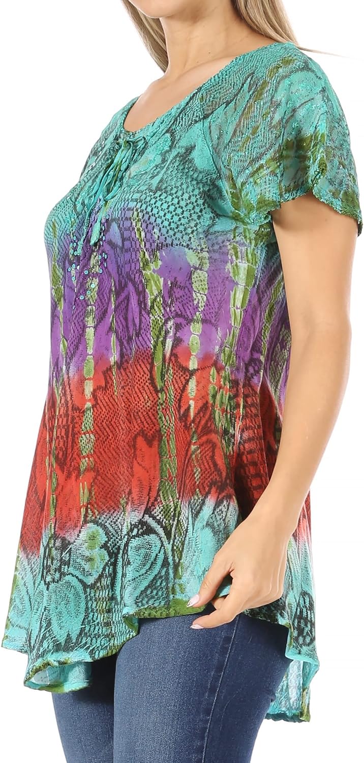 Sakkas 14783 - Dina Relaxed Fit Sequin Tie Dye Stickerei Cap Ärmel Bluse/Top Einheitsgrösse Türkis,