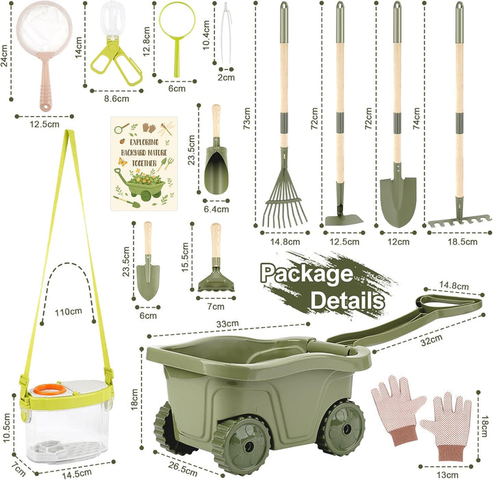 Dreamon Kinderschubkarre Garten Set mit Werkzeugen & Insekten-Entdecker Set – 17 PCS Entdecker- Schu
