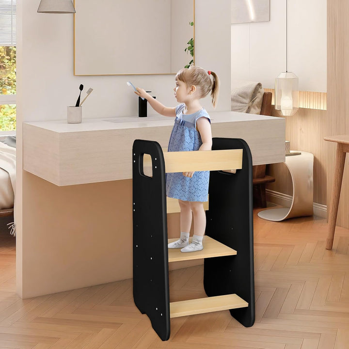 Montessori Lernturm aus Holz – Lernturm für Kinder – Rutschhemmende Füsse Montessori-Methode (Schwar