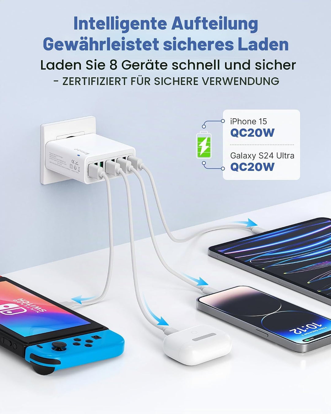 USB Ladegerät 2 Pack, 8 Ports USB Stecker 40W ladeadapter für 15 14 13 12 11 X, Samsung, Huawei, Xia