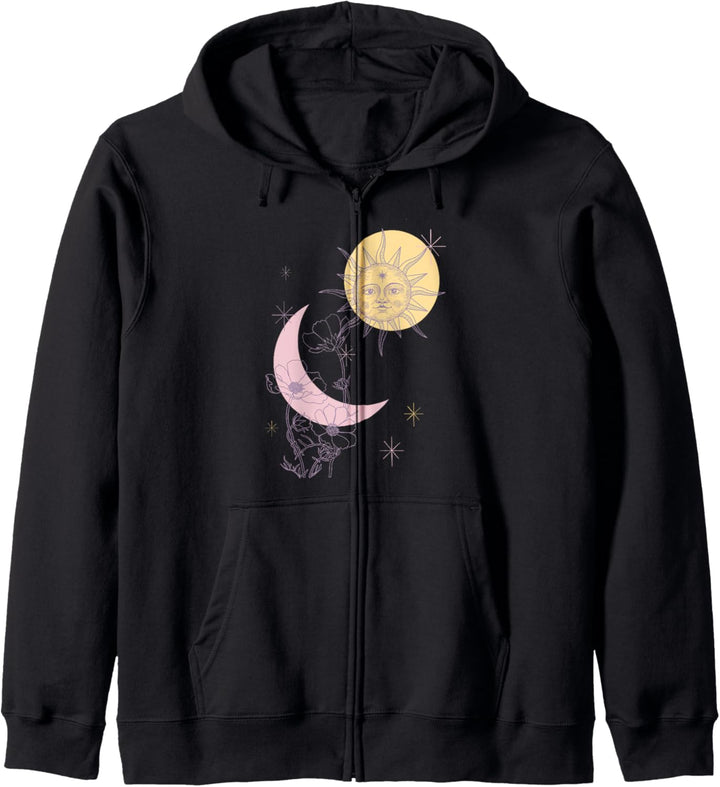 Trendy Moon Sun Flowers and Stars Line Drawn Kapuzenjacke