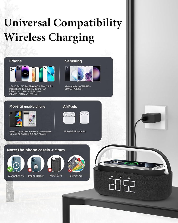 COLSUR Radiowecker Digital mit Wireless Charger, Bluetooth Lautsprecher mit USB-Ladegerät, Smart Wec