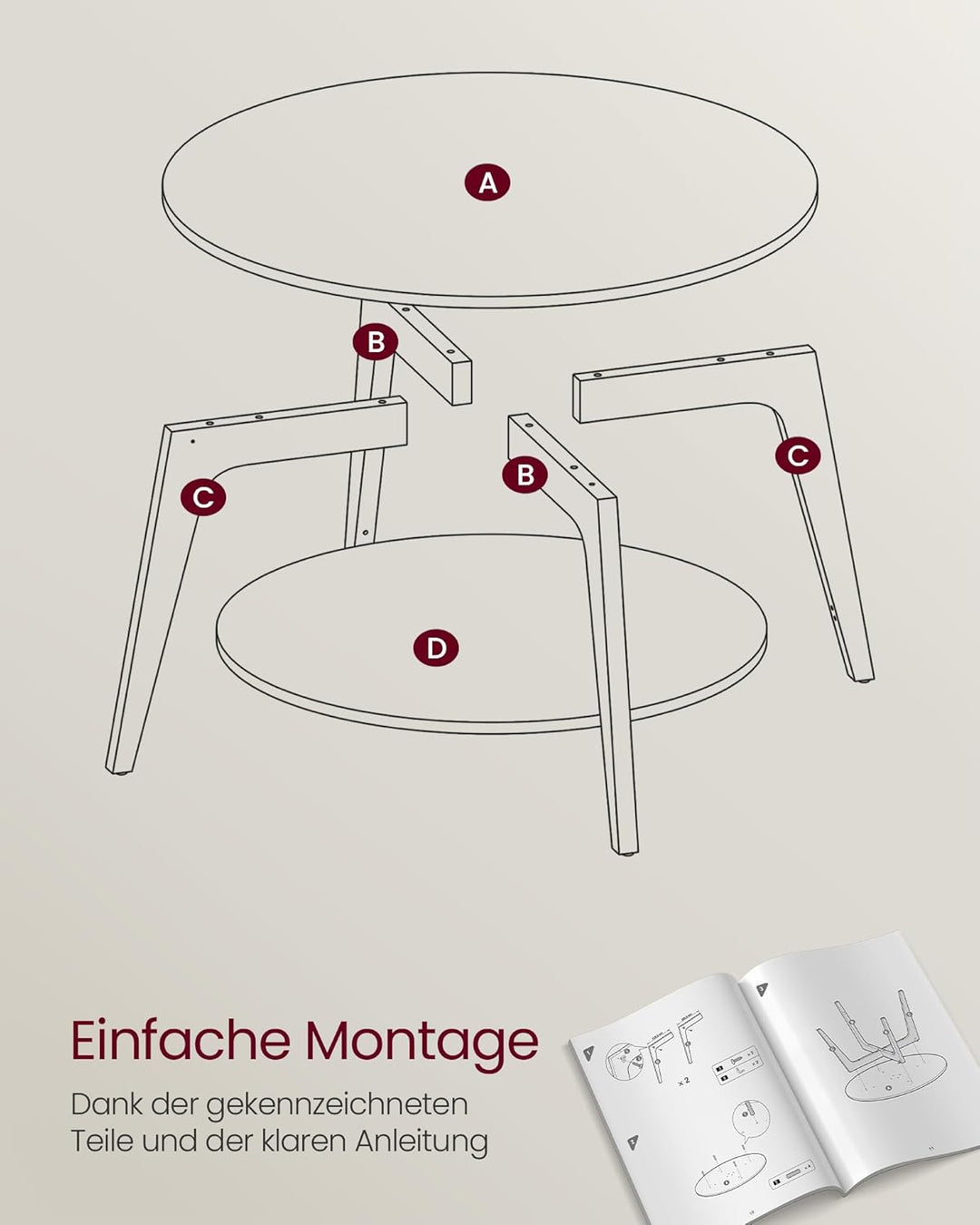 VASAGLE Couchtisch rund, Wohnzimmertisch 2 Ebenen, Kaffeetisch für Wohnzimmer, 80 cm d, 45 cm H, ein