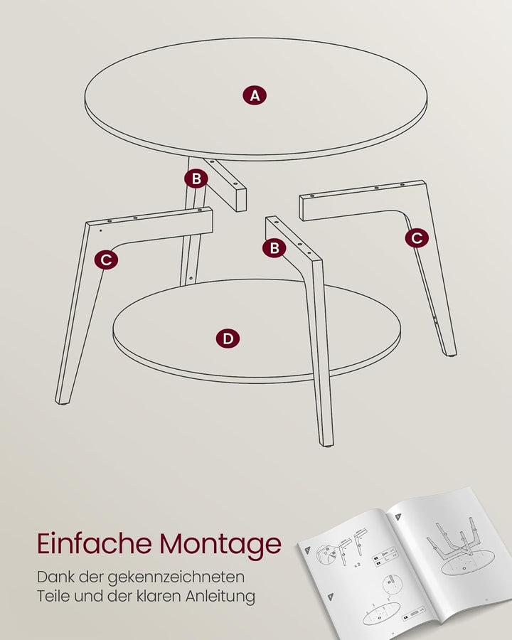 VASAGLE Couchtisch rund, Wohnzimmertisch 2 Ebenen, Kaffeetisch für Wohnzimmer, 80 cm d, 45 cm H, ein
