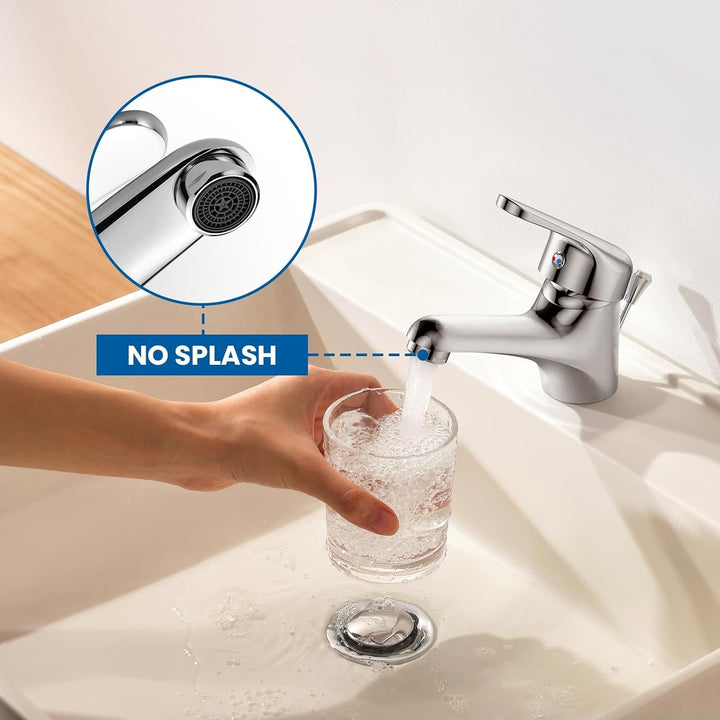 Auralum Wasserhahn Bad mit Zugstange, Einhebel-Waschtischarmatur mit Ablaufgarnitur, Chrom Einhandmi