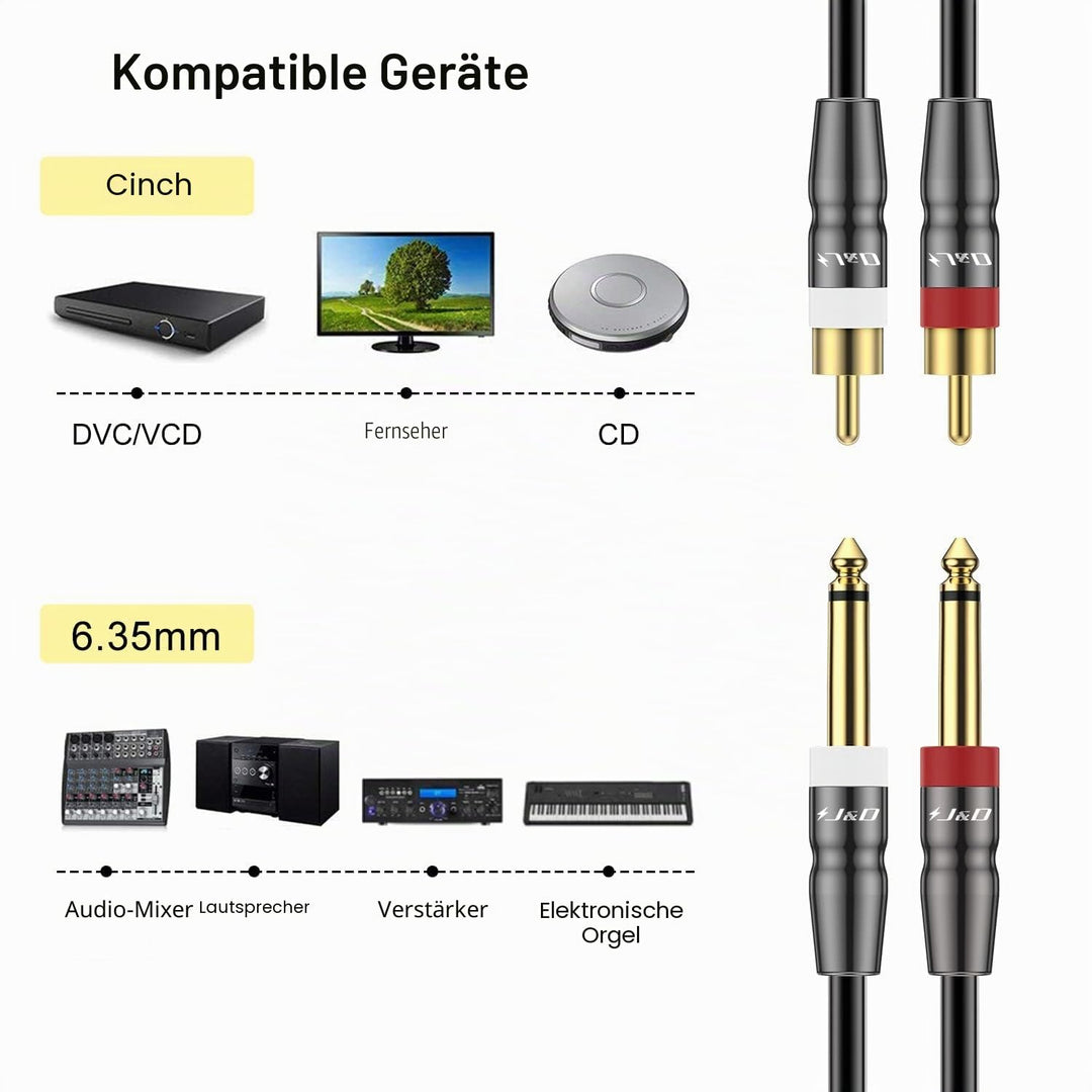 J&amp;D Dual 6,35 mm zu 2RCA Kabel, Heavy Duty 1/4 Männlich auf Cinch Männlich Adapter Stereo Audio Inte