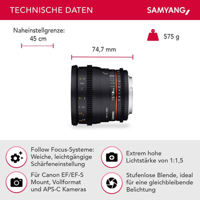 Samyang 50/1,5 Objektiv Video DSLR Canon EF manueller Fokus Videoobjektiv 0,8 Zahnkranz Gear, Porträ