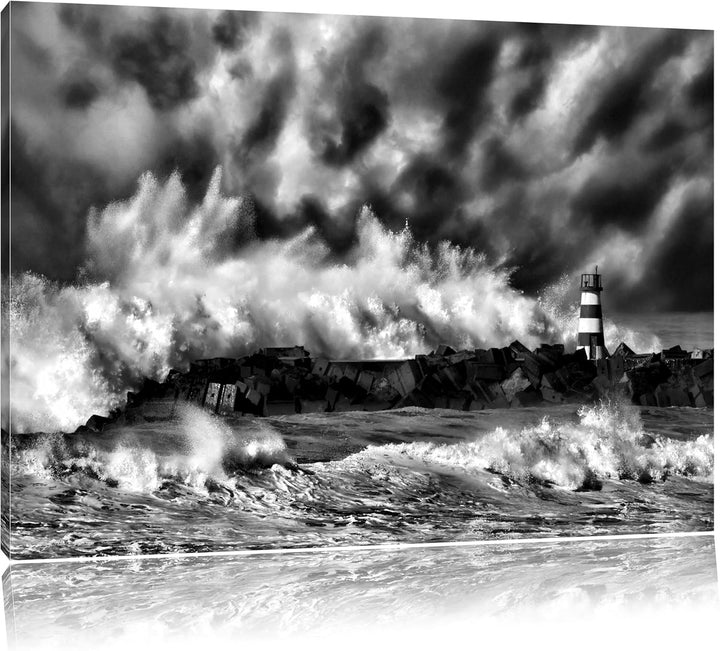 Pixxprint Tobendes Meer mit Leuchtturm / 100x70cm Leinwandbild bespannt auf Holzrahmen/Wandbild Kuns