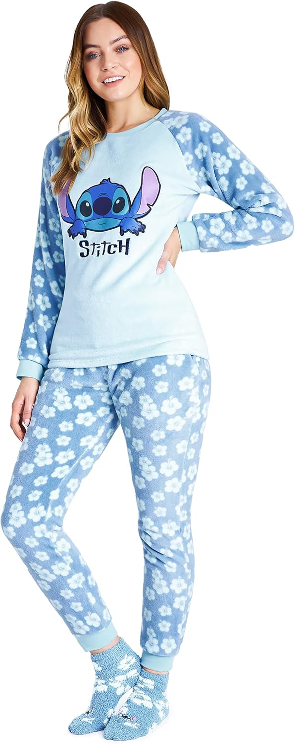 Disney Schlafanzug Damen mit Kuschelsocken Set Charaktere Stitch Geschenke Set L Blau Stitch, L Blau