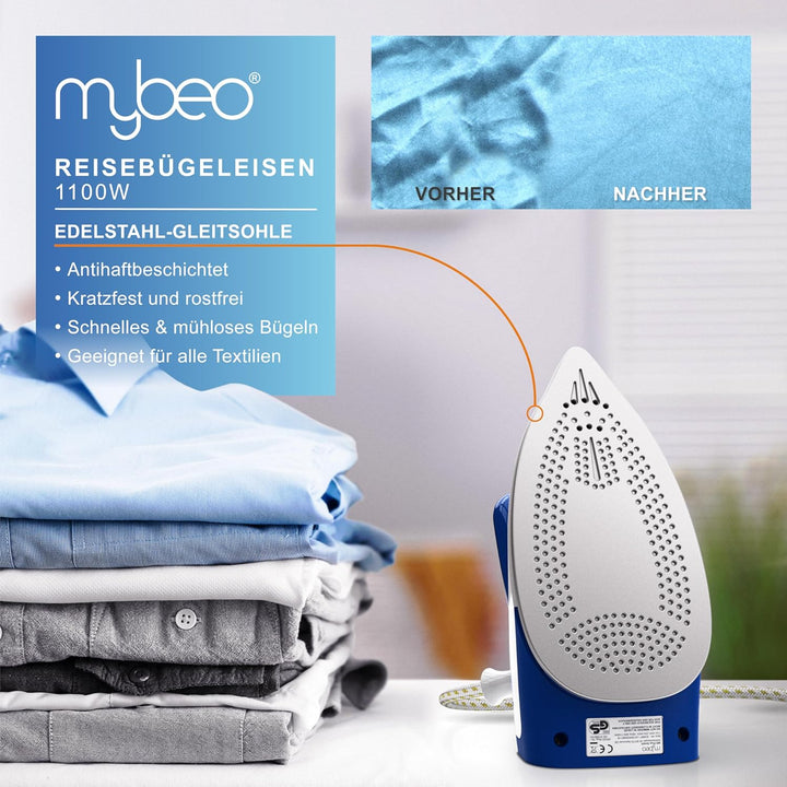 MyBeo - Reisebügeleisen 1100W - Dampfbügeleisen - Dual-Voltage 110/230 Volt – mini Bügeleisen mit an