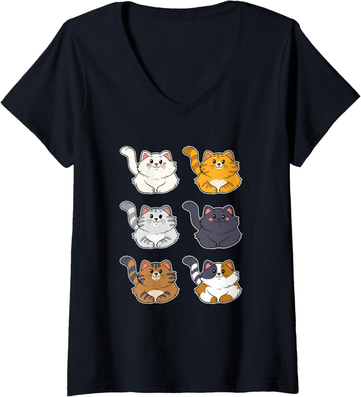 Damen Niedliche Katzen Sammlung Schnurren Getigerte Katze Miau T-Shirt mit V-Ausschnitt