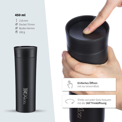 720°DGREE Premium Thermobecher “PleasureToGo” - 450ml, BPA-Frei, Auslaufsicher - Schlanker Edelstahl