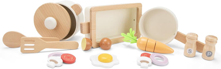 Woet Holz-Kochset mit Töpfen, Pfanne und Spielessen, 20 Teile
