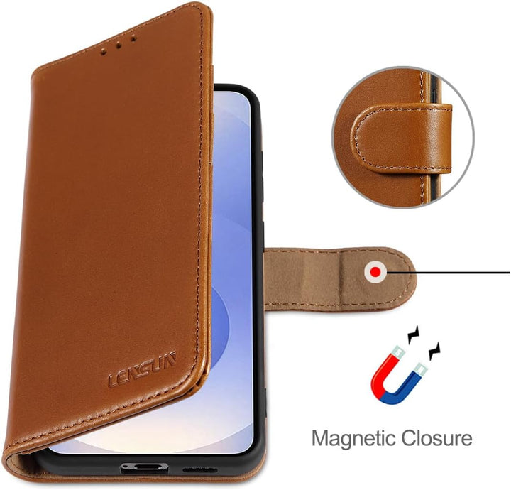 LENSUN Lederhülle für Samsung Galaxy S25 Echtleder, Handyhülle [Brieftasche][RFID Schutz][Standfunkt
