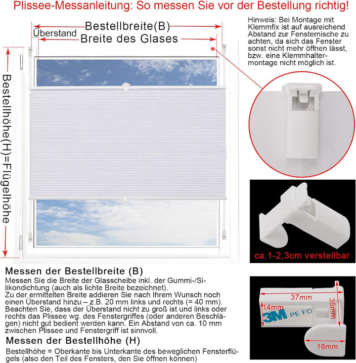 WOLTU Wabenplissee ohne Bohren Verdunklung Thermo Doppelplissee Klemmfix Zweifarbig 65x130cm Weiss-W
