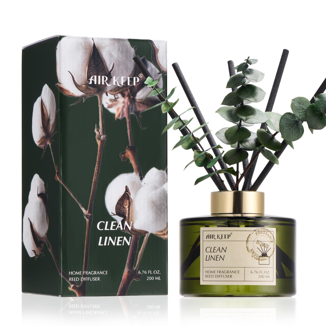 Airkeep Raumduft mit 8 Duftstäbchen 200ml, Clean Linen Langanhaltend Duft, Lufterfrischer für Zuhaus