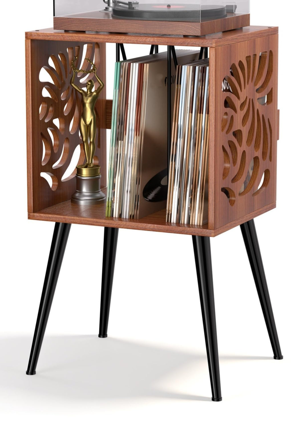 Plattenspieler-Ständer für 80 Alben LP Regal Holz Mid-Century Retro | Schallplattenregal mit Monster