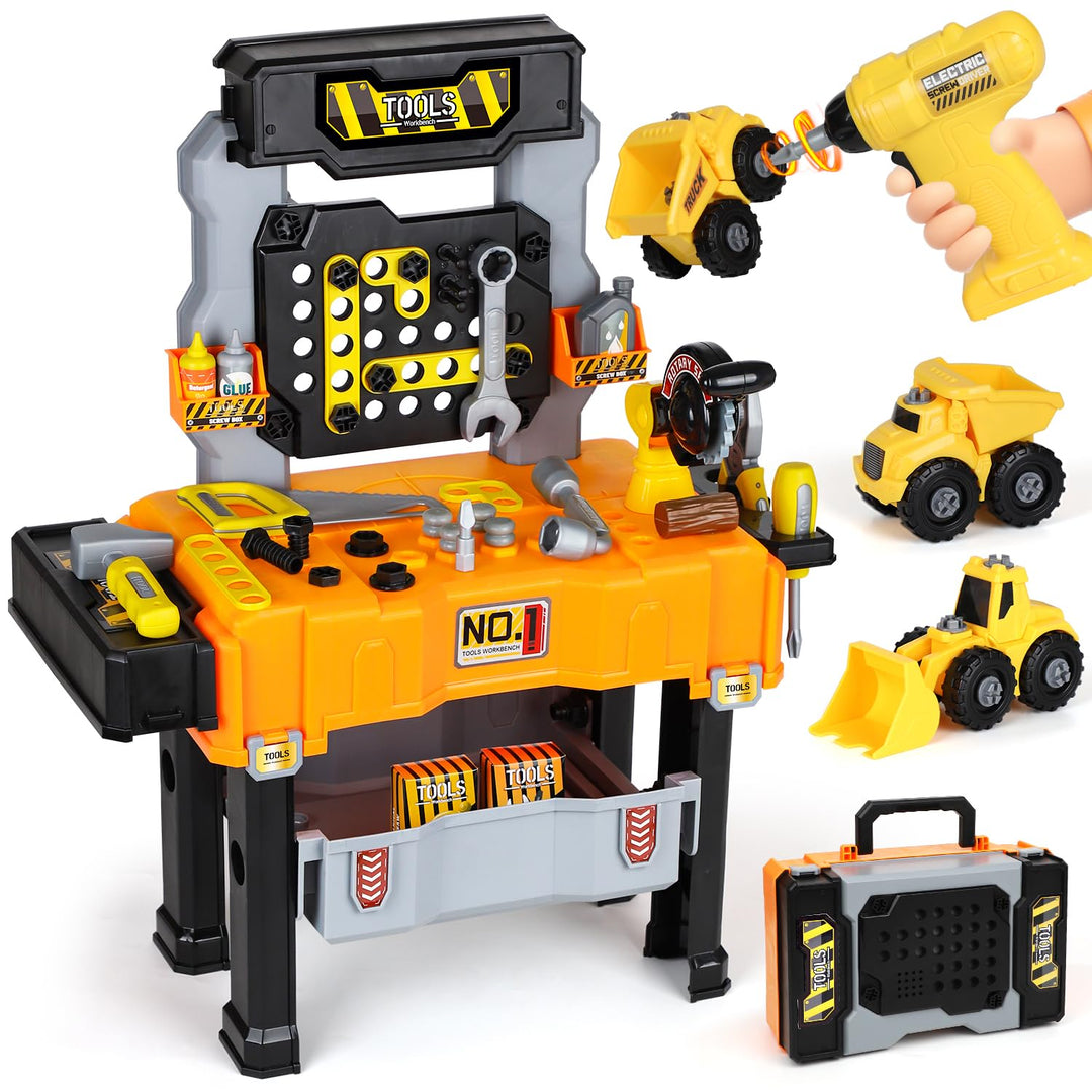 Lehoo Castle Werkbank für Kinder, Montessori Werkzeugkoffer mit Werkzeug Elektro-Bohrmaschine &amp; 2 Au